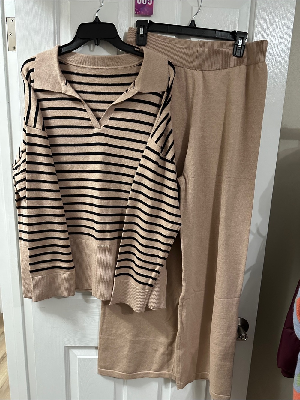 Beige & Black Striped V-Neck Knit Sweater Set - Women